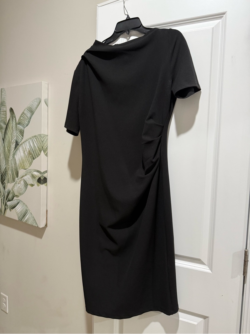 Black Short-Sleeve Midi Sheath Dress with Side Drape